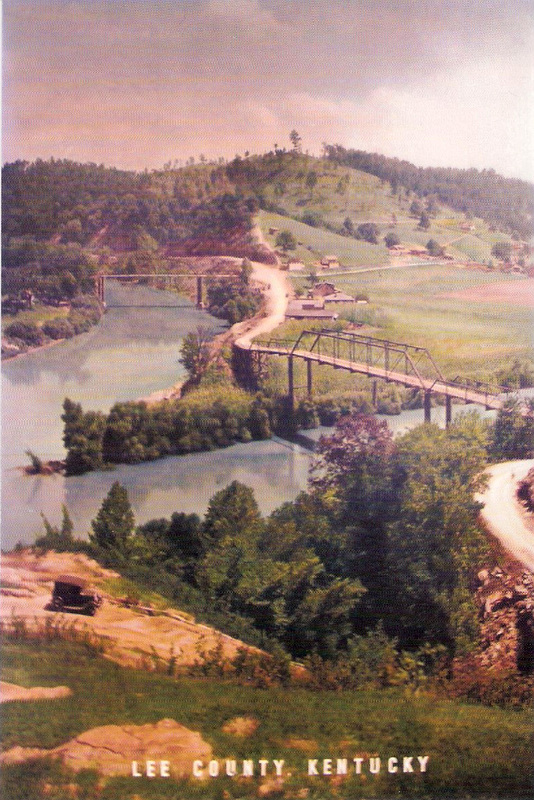 Photo from the 1920s showing north and south fork rivers with bridges that cross both rivers. 