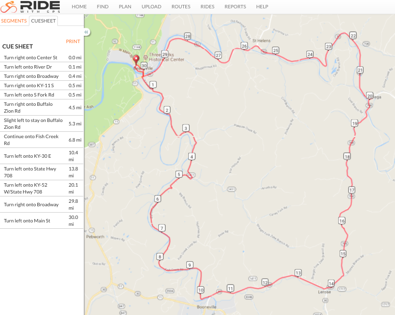 Map of a 30 mile road cycling trail though Lee and Owsley Counties. 