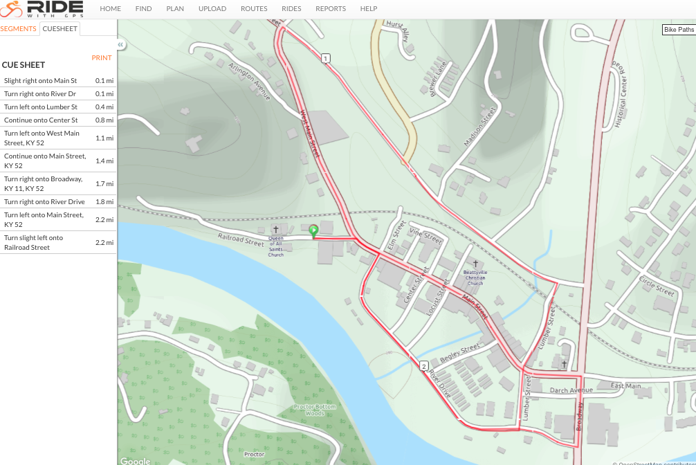 Map photo of a bike loop around Beattyville, Kentucky